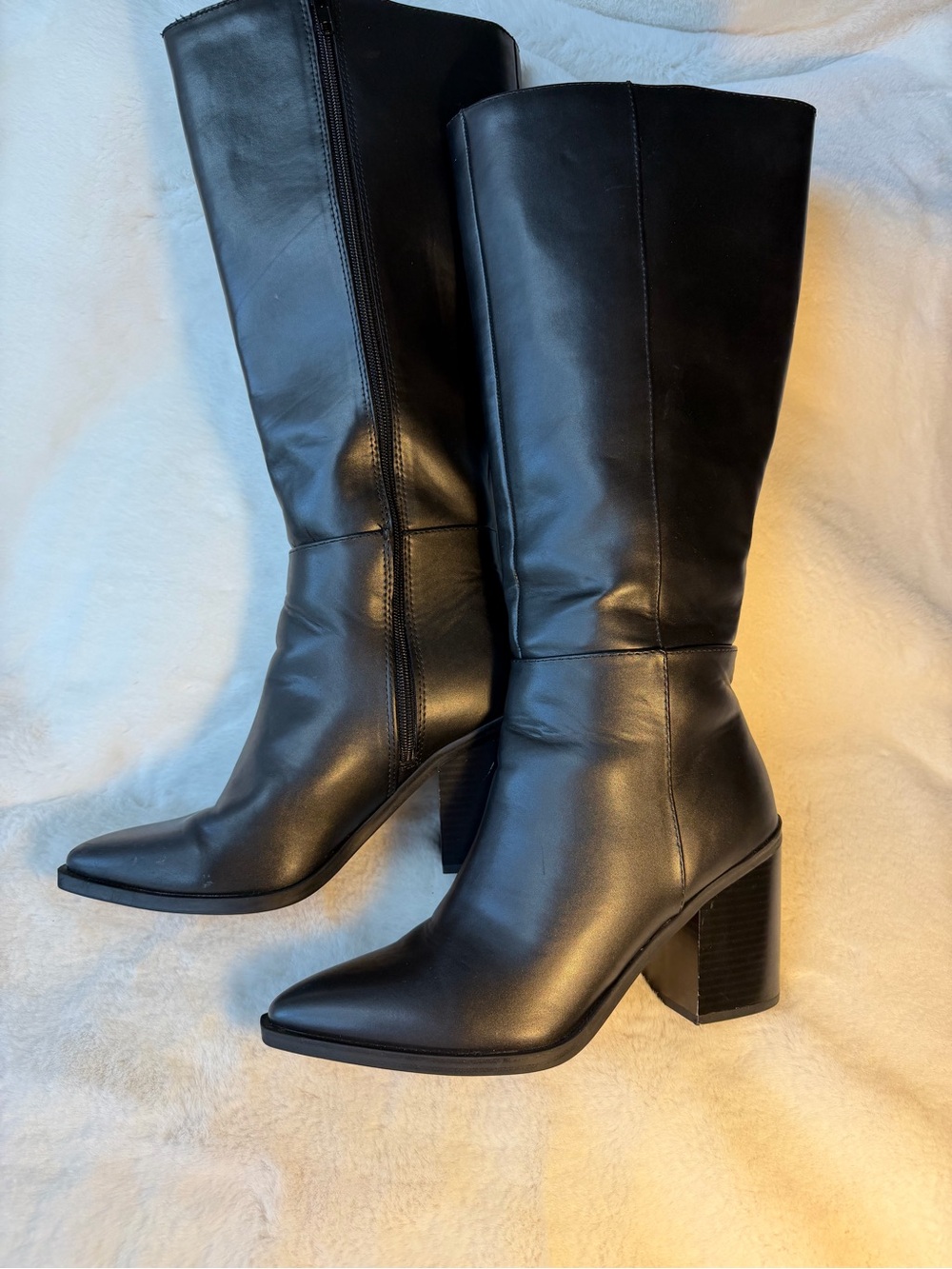 Classic Black Mid-Calf Faux Leather Block Heel Boots Size 8